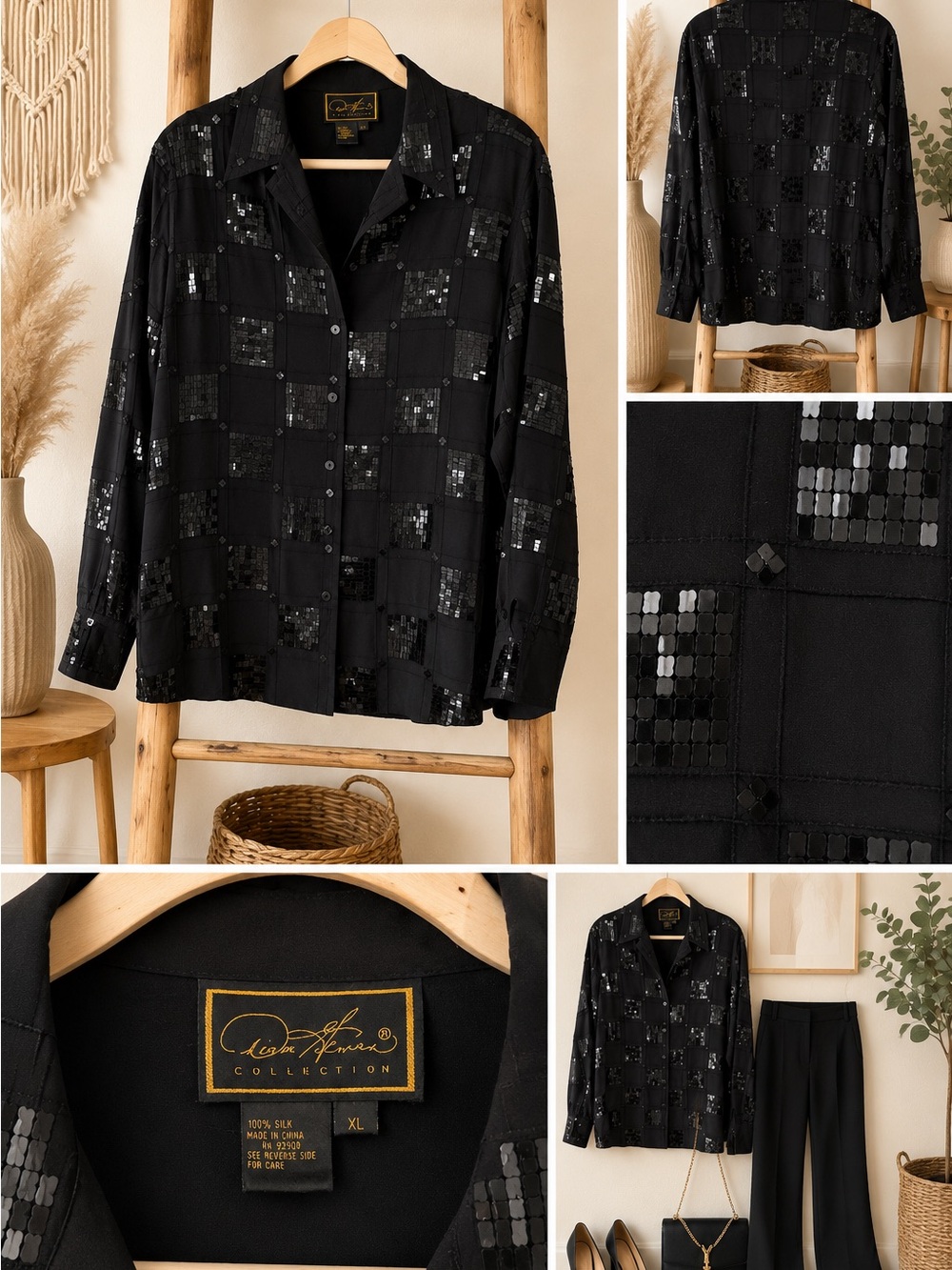 Diane Gilman Collection, vintage 100% Silk XL black sequined blouse.